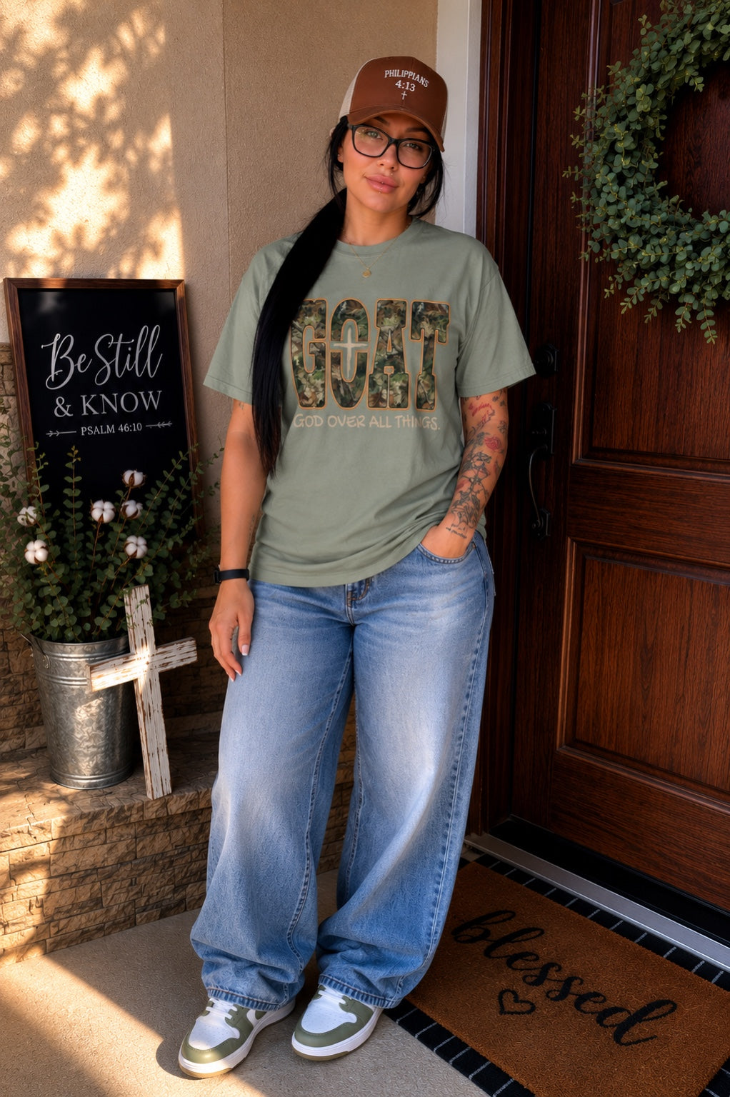 GOAT JESUS Camouflage Graphic T-Shirt — "Good Over All Things" Christian Faith Tee
